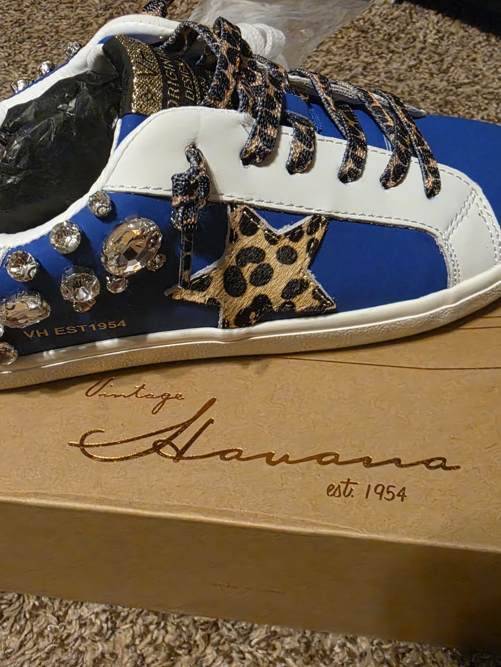 CUSTOM Vintage Havana Embellished Blue & White Leopard Star Sneaker